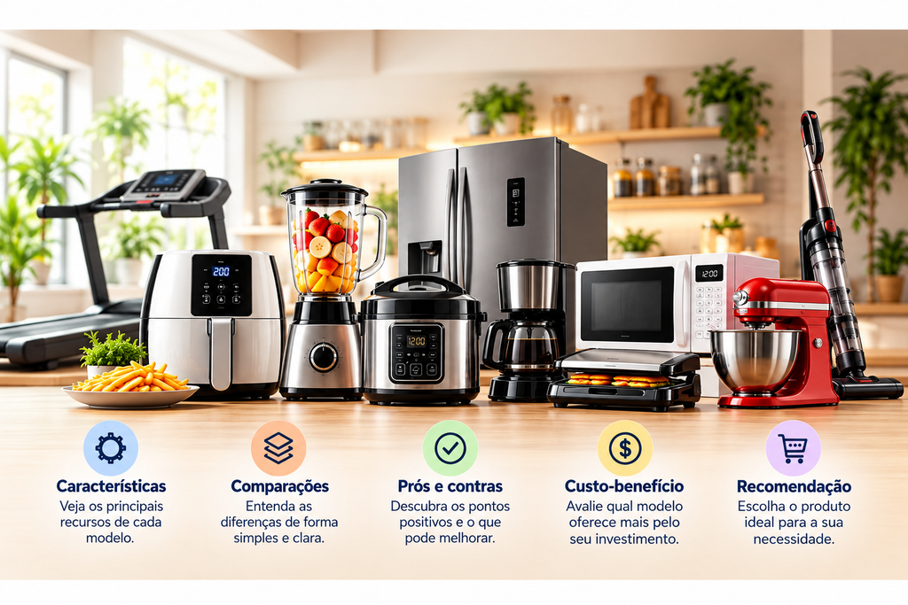 Comparativos de produtos para casa: air fryer, liquidificador, geladeira, micro-ondas e outros eletrodomésticos.