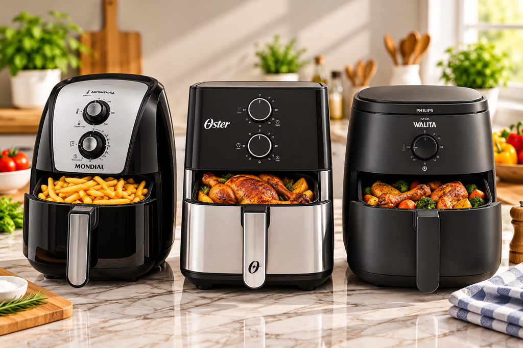 Três modelos de Air Fryers em uma cozinha, apresentados lado a lado para comparação de características e funcionalidades.